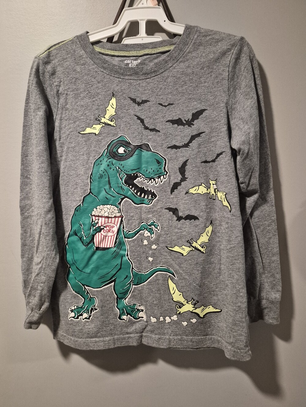 Halloween Carter's Gray Long-Sleeve Tee with Green Dino and Yellow Bats